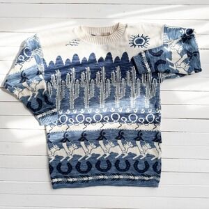 Delia McKain‎ vtg blue white cowboy desert cactus sweater